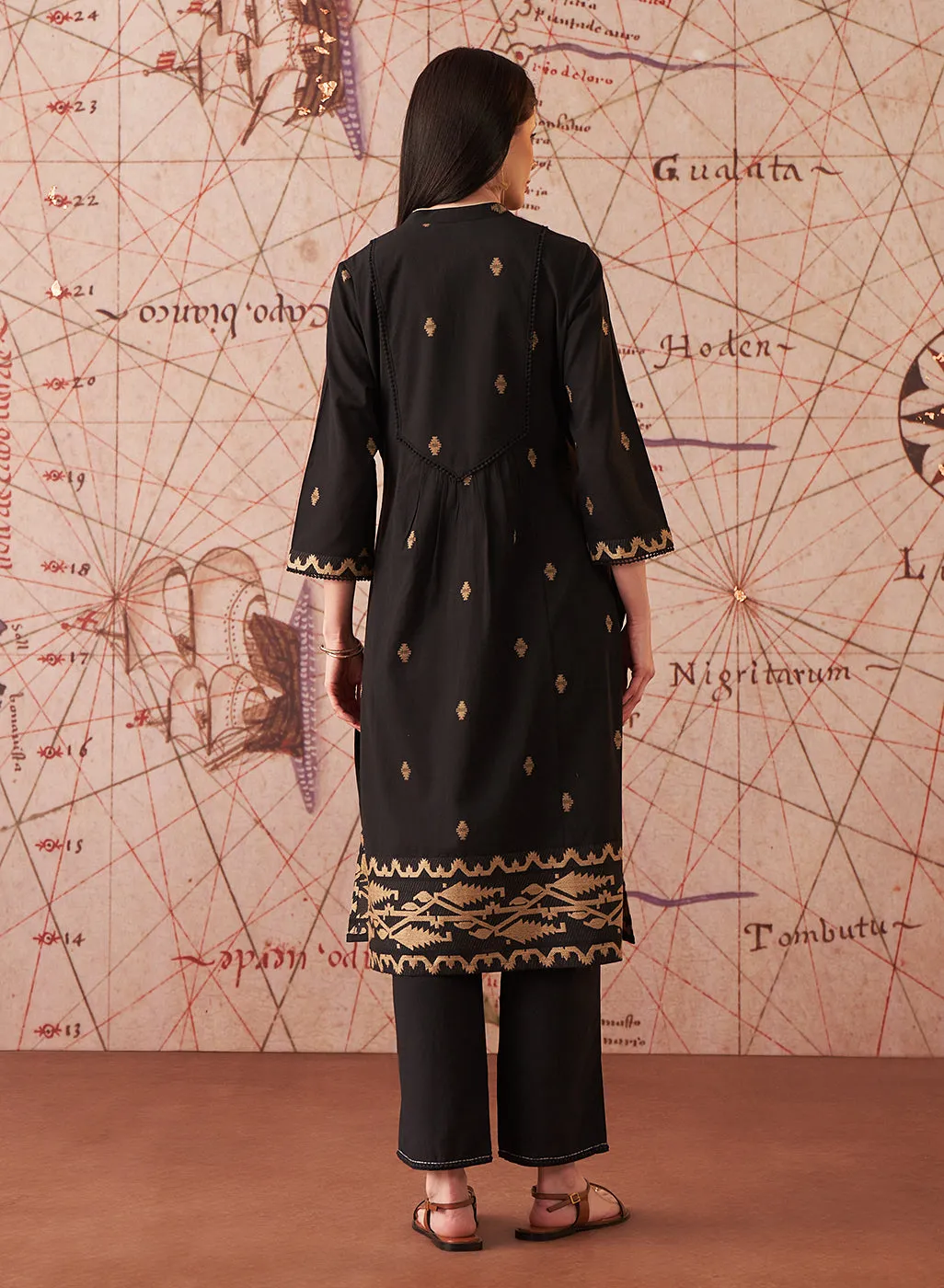Nitara Mysterious Black Embroidered Cotton Jacquard Co-ord Set for Women