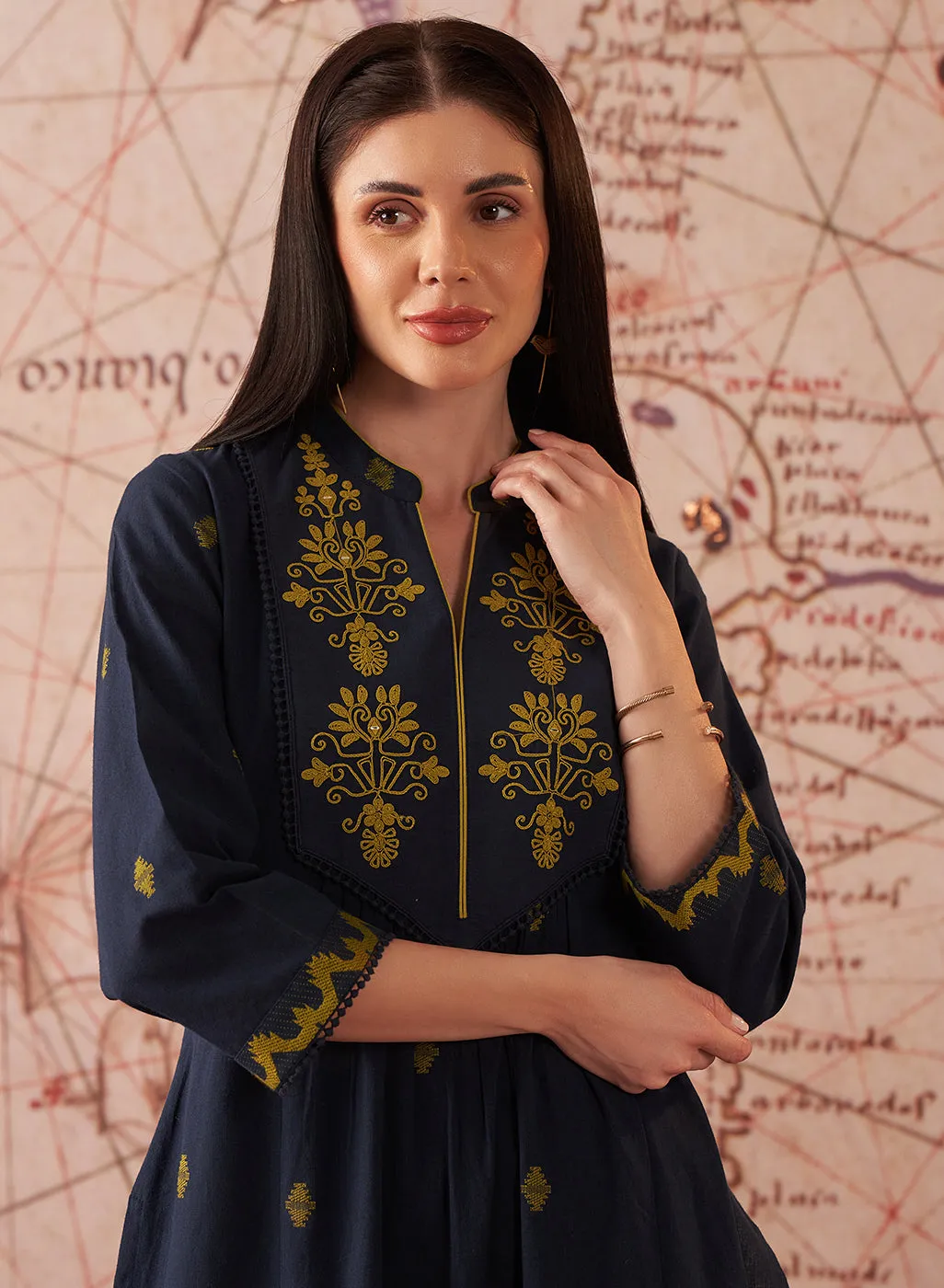 Nitara Navy Blue Embroidered Cotton Jacquard Co-ord Set for Women