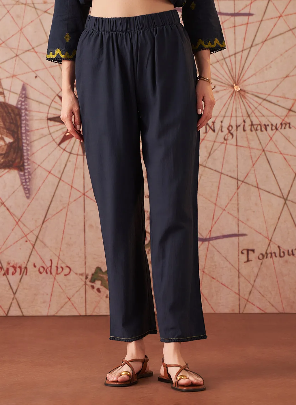 Nitara Navy Blue Embroidered Cotton Jacquard Co-ord Set for Women