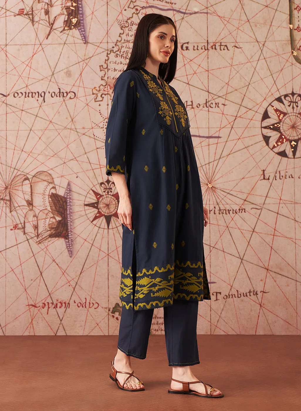 Nitara Navy Blue Embroidered Cotton Jacquard Co-ord Set for Women