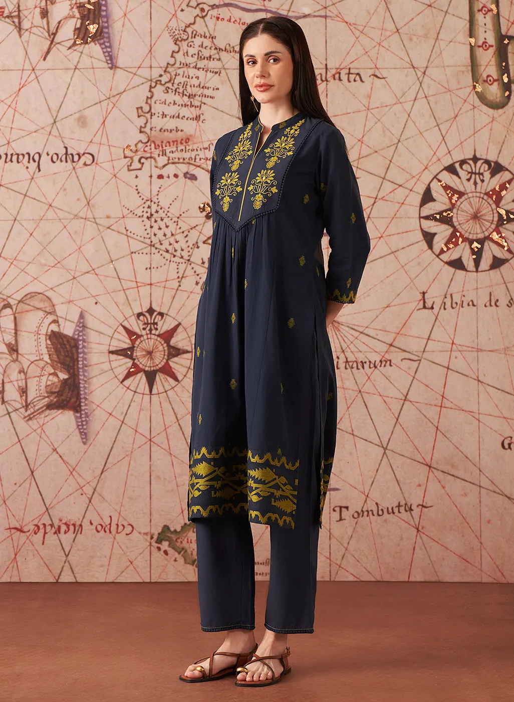 Nitara Navy Blue Embroidered Cotton Jacquard Co-ord Set for Women