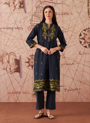 Nitara Navy Blue Embroidered Cotton Jacquard Co-ord Set for Women