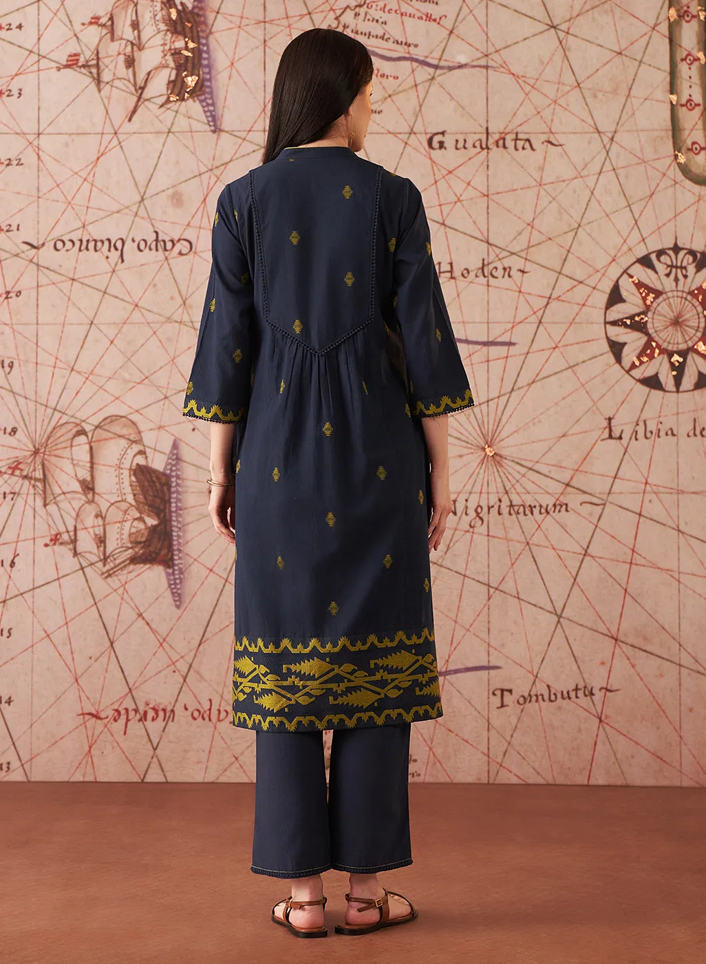 Nitara Navy Blue Embroidered Cotton Jacquard Co-ord Set for Women