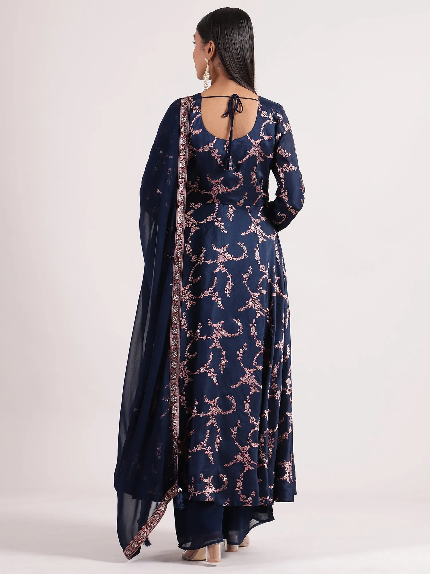 Regal Navy Blue Banarasi Salwar Kameez with Mirror Work & Potale Button Details