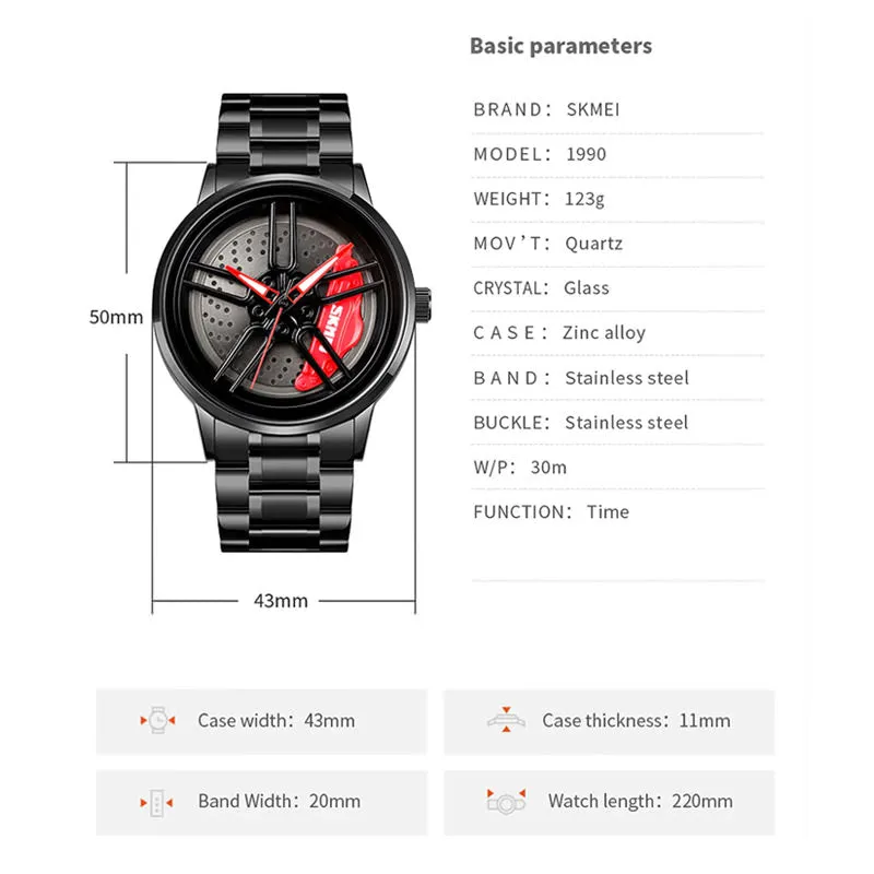 SKMEI 1990 Spinning Car Wheel Watch w/ Rotating Dial & 3 ATM Waterproof
