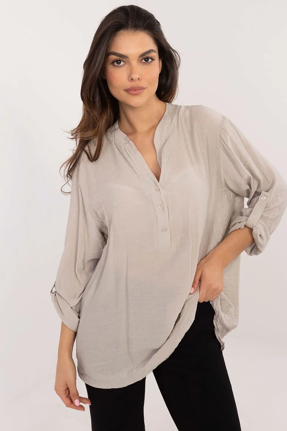 TEEK - Thin V-Neck Pinned Sleeve Blouse