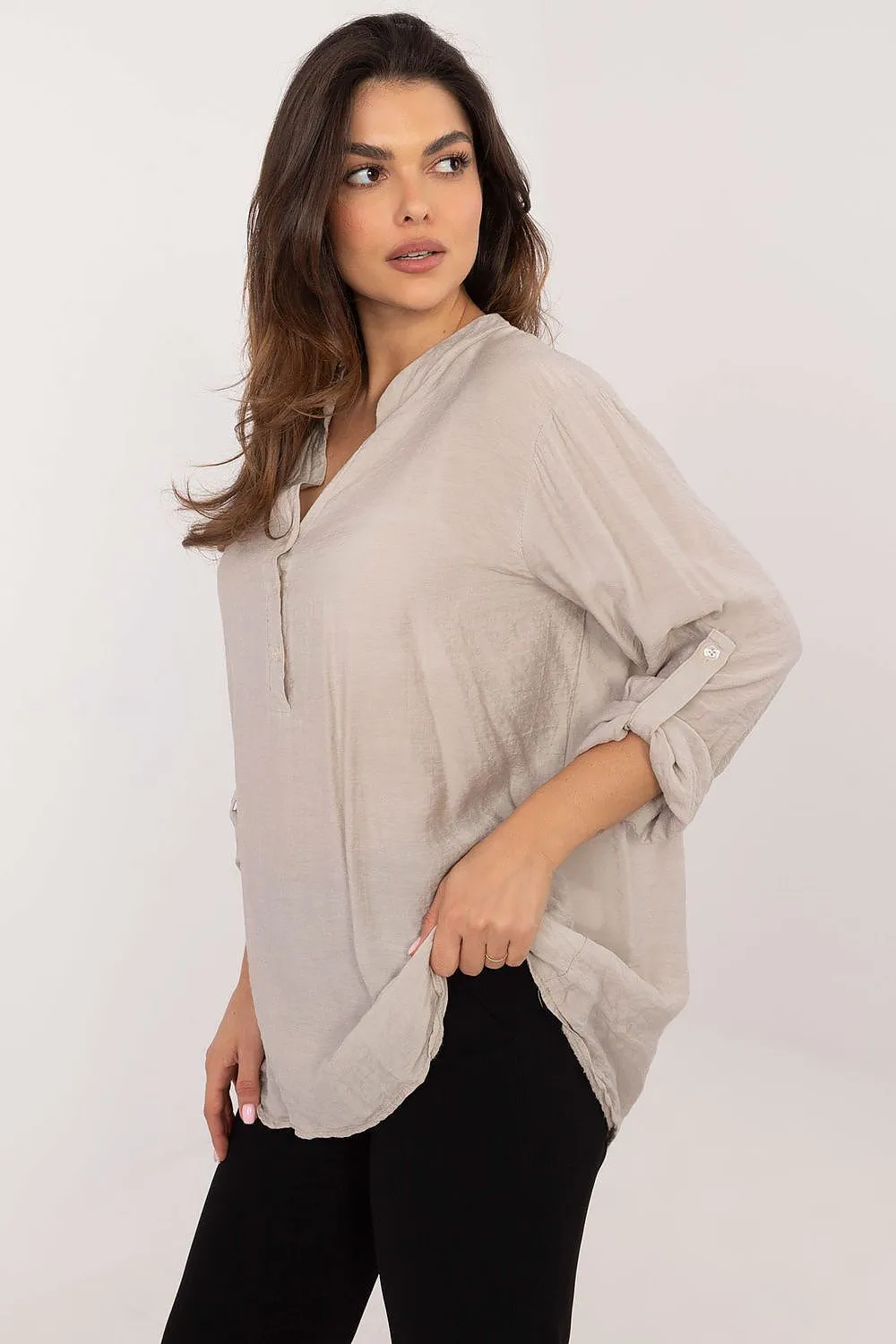 TEEK - Thin V-Neck Pinned Sleeve Blouse