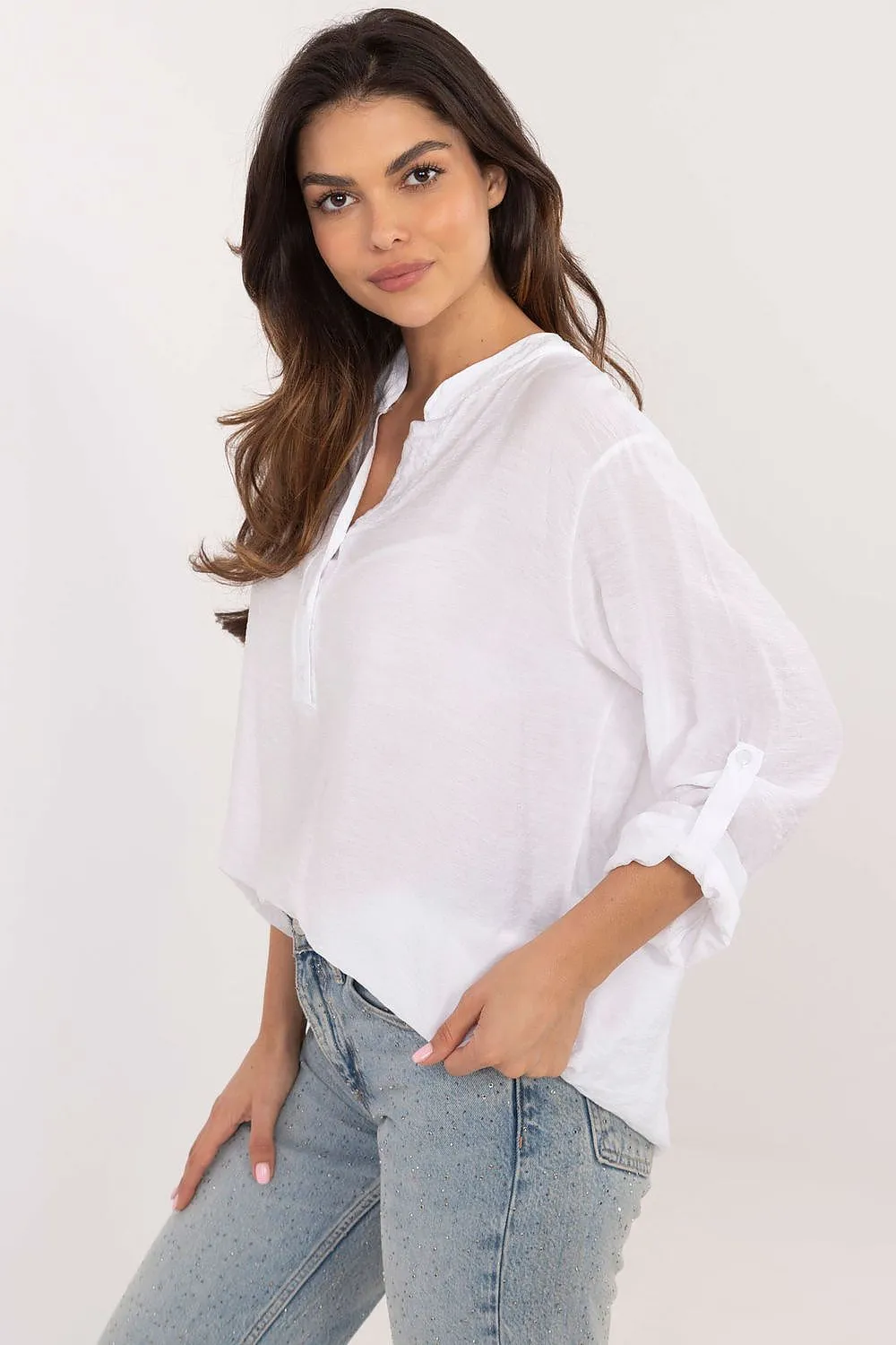 TEEK - Thin V-Neck Pinned Sleeve Blouse