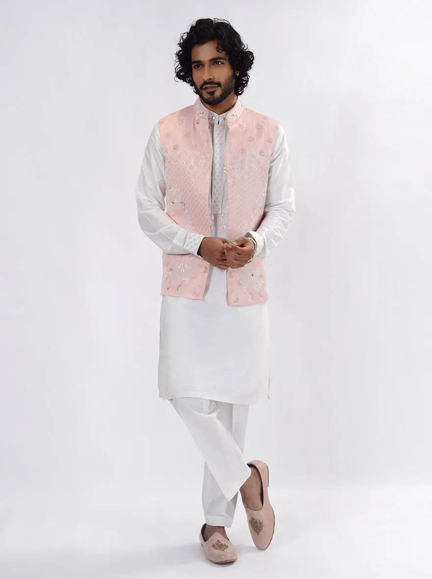 White & Pink Kurta Set with Koti | TULA