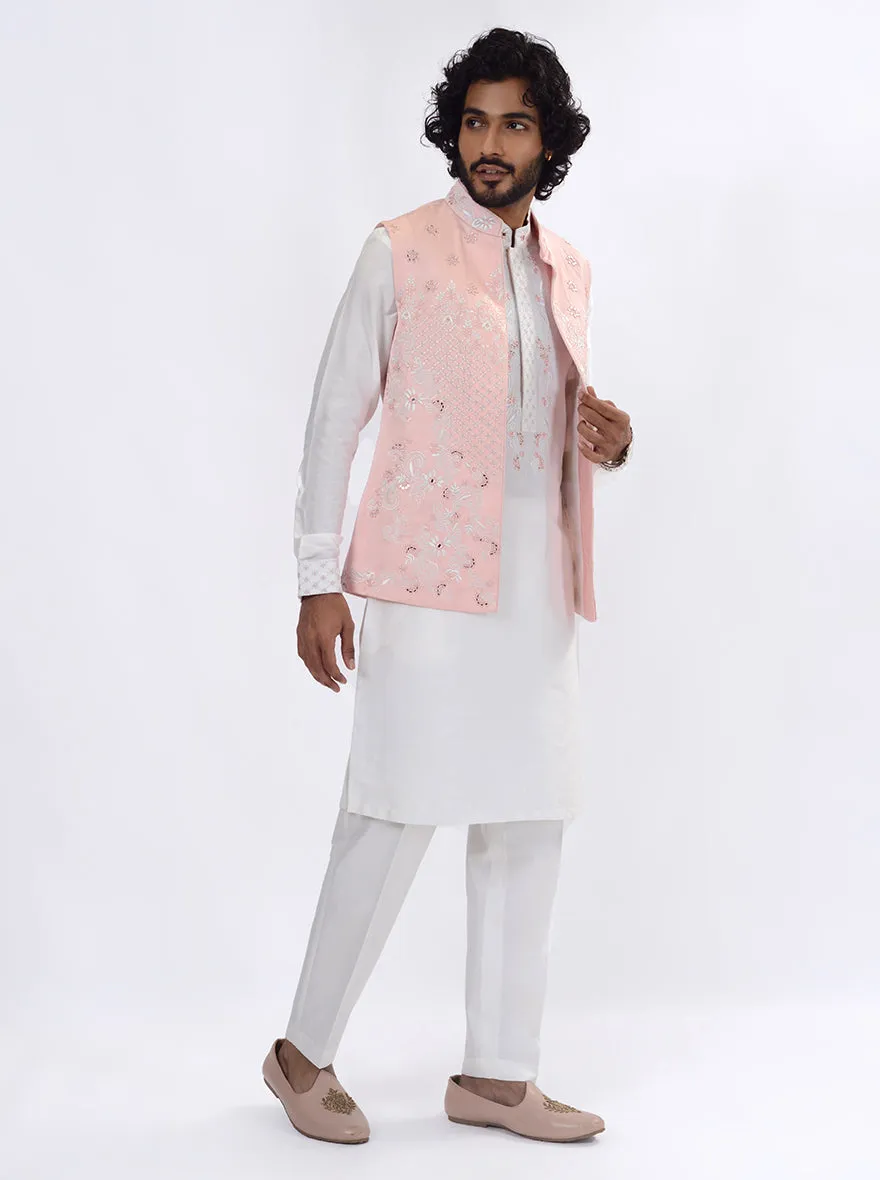 White & Pink Kurta Set with Koti | TULA