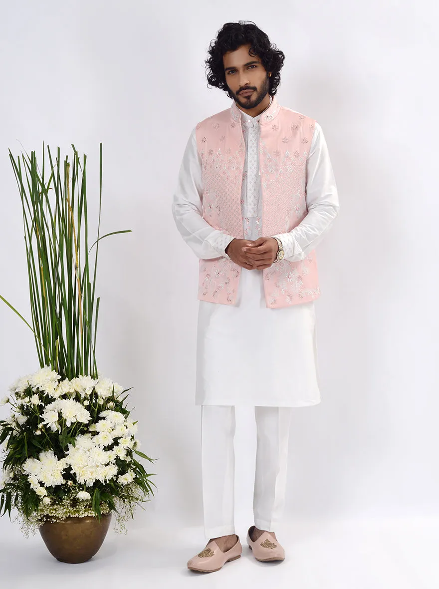 White & Pink Kurta Set with Koti | TULA