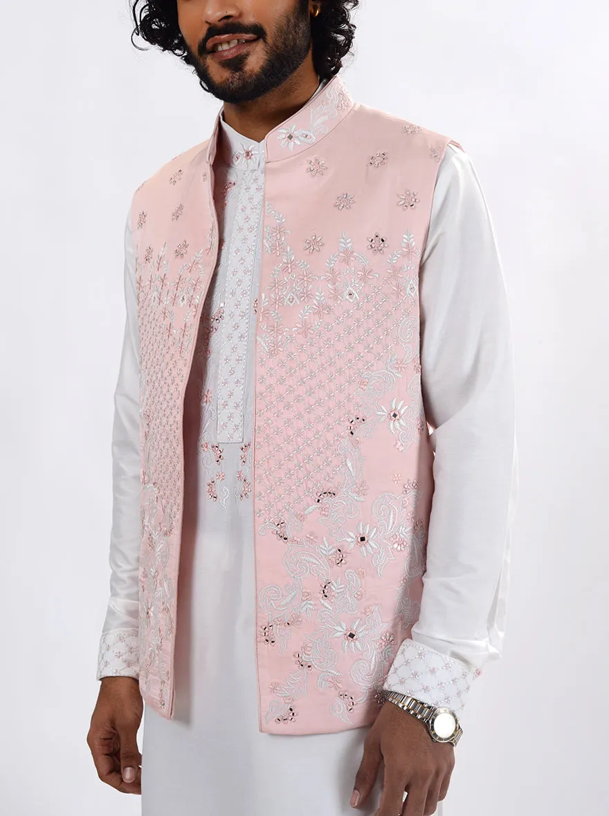 White & Pink Kurta Set with Koti | TULA