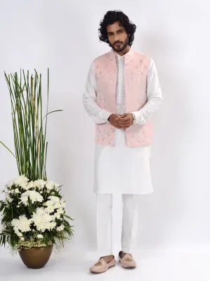 White & Pink Kurta Set with Koti | TULA