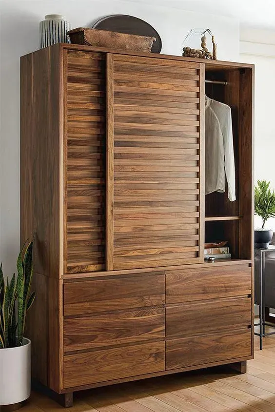 Wooden Twist Traditional Design Sliding Doors Wardrobe with Six Drawers And 2 Door ( Brown )