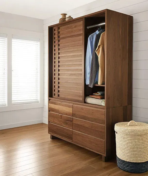 Wooden Twist Traditional Design Sliding Doors Wardrobe with Six Drawers And 2 Door ( Brown )